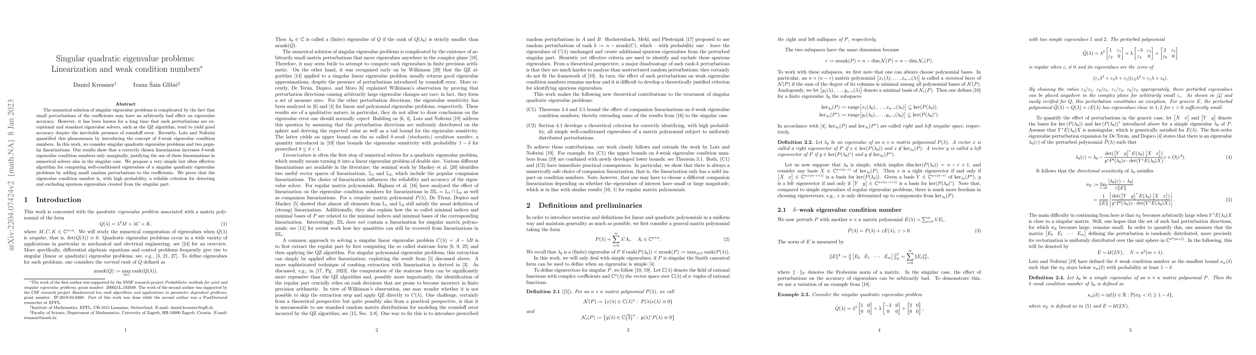Thumbnail for Singular quadratic eigenvalue problems: Linearization and weak condition
  numbers