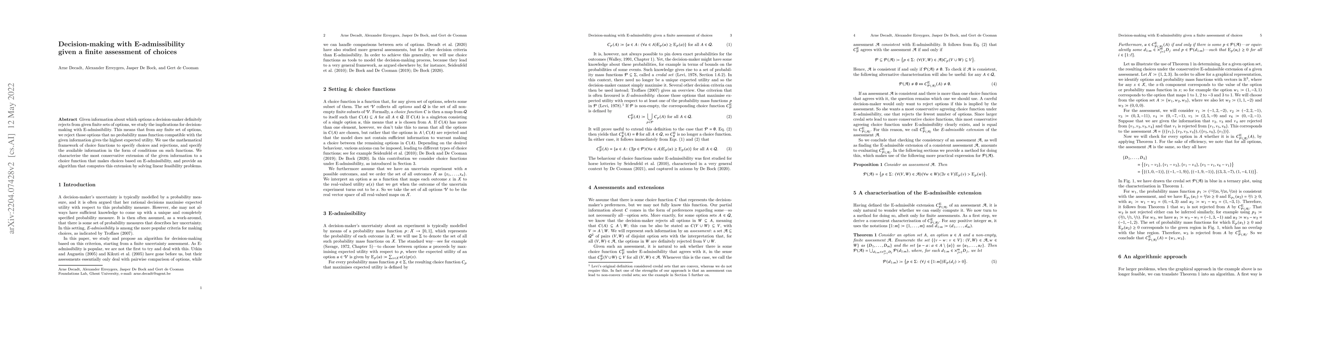 Thumbnail for Decision-making with E-admissibility given a finite assessment of
  choices