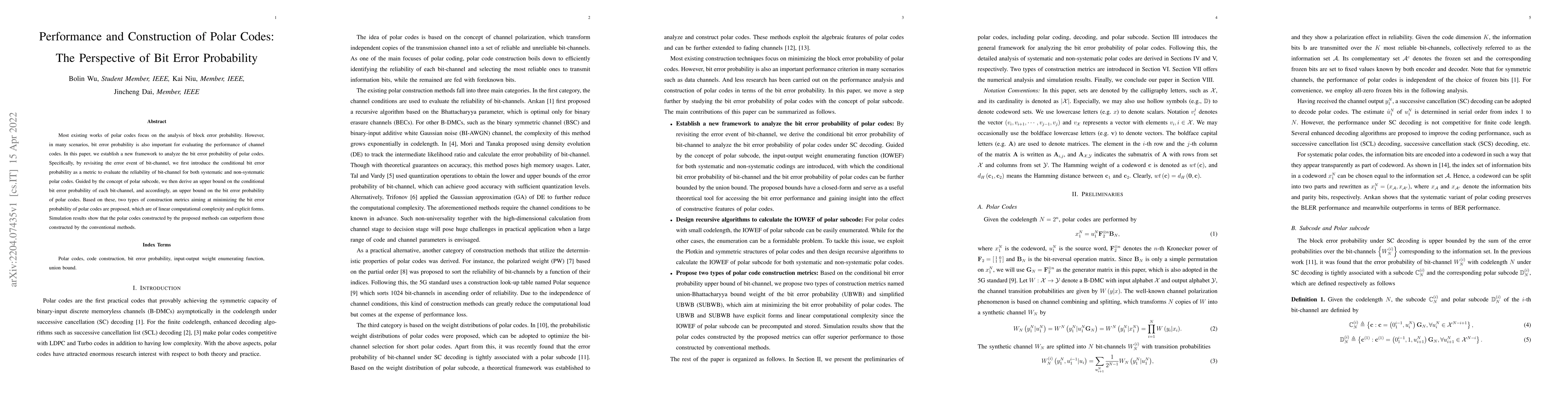 Thumbnail for Performance and Construction of Polar Codes: The Perspective of Bit
  Error Probability