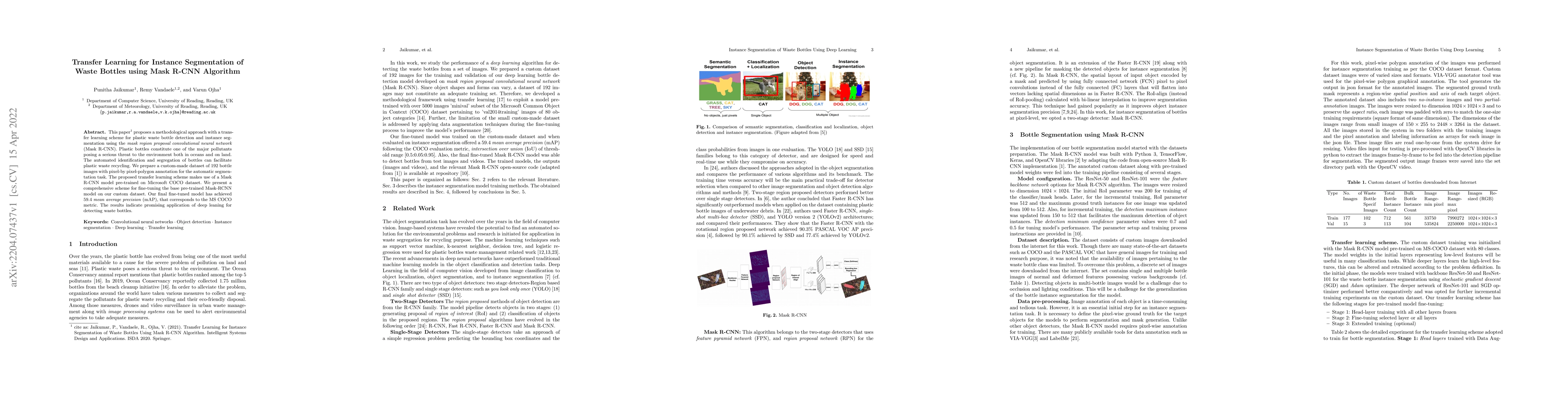 Thumbnail for Transfer Learning for Instance Segmentation of Waste Bottles using Mask
  R-CNN Algorithm