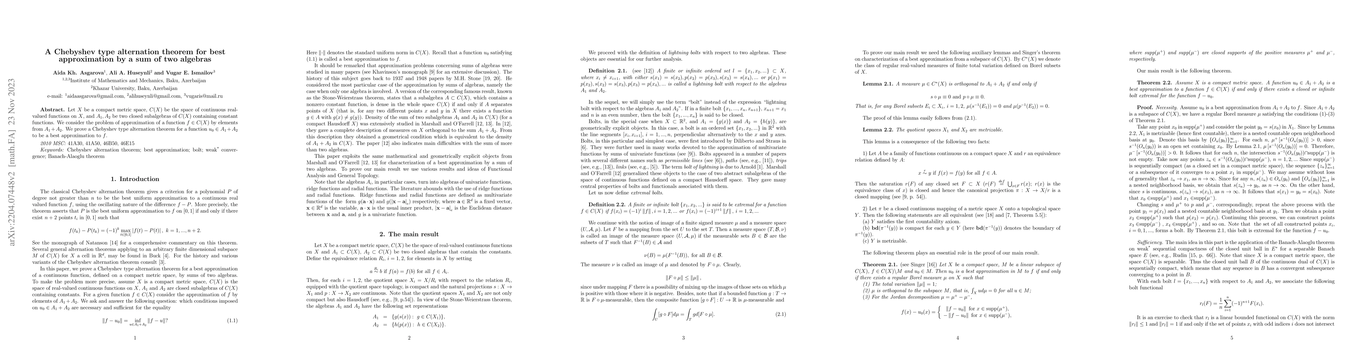 Thumbnail for A Chebyshev type alternation theorem for best approximation by a sum of
  two algebras