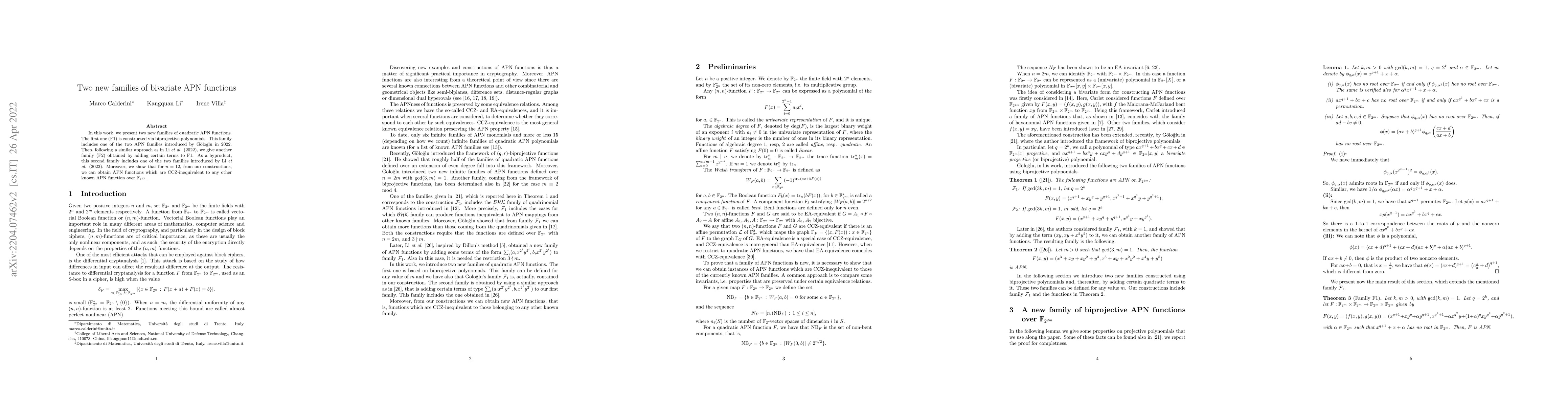 Thumbnail for Two new families of bivariate APN functions