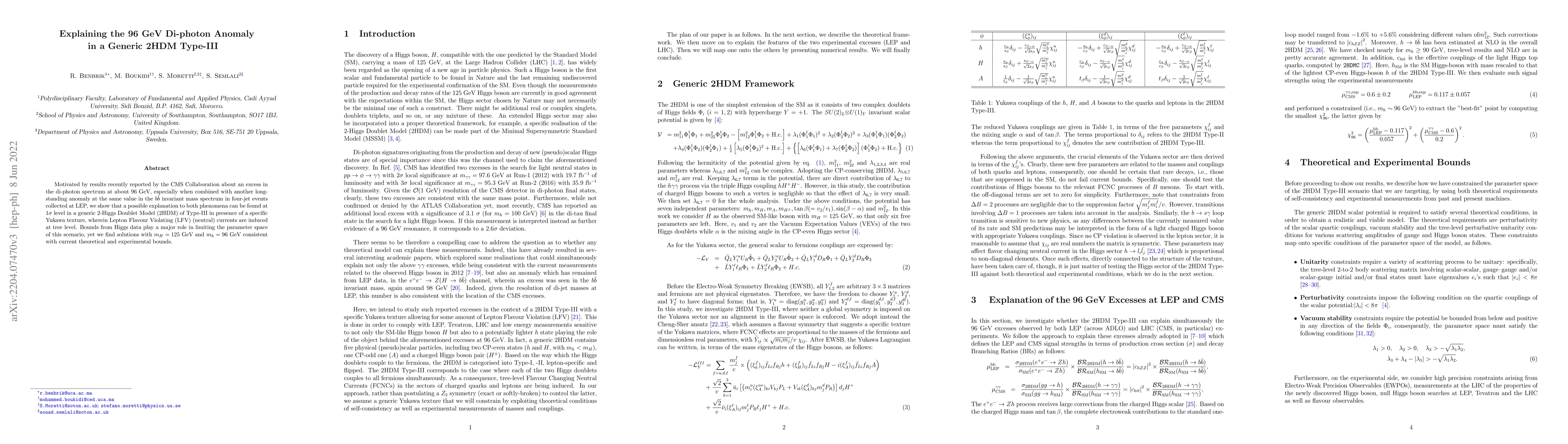 Thumbnail for Explaining the 96 GeV Di-photon Anomaly in a Generic 2HDM Type-III