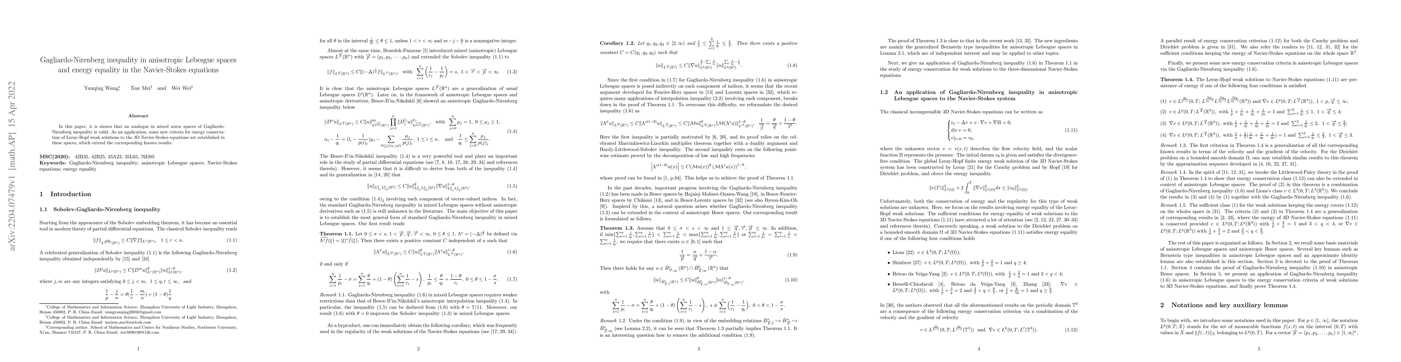Thumbnail for Gagliardo-Nirenberg inequality in anisotropic Lebesgue spaces and energy
  equality in the Navier-Stokes equations