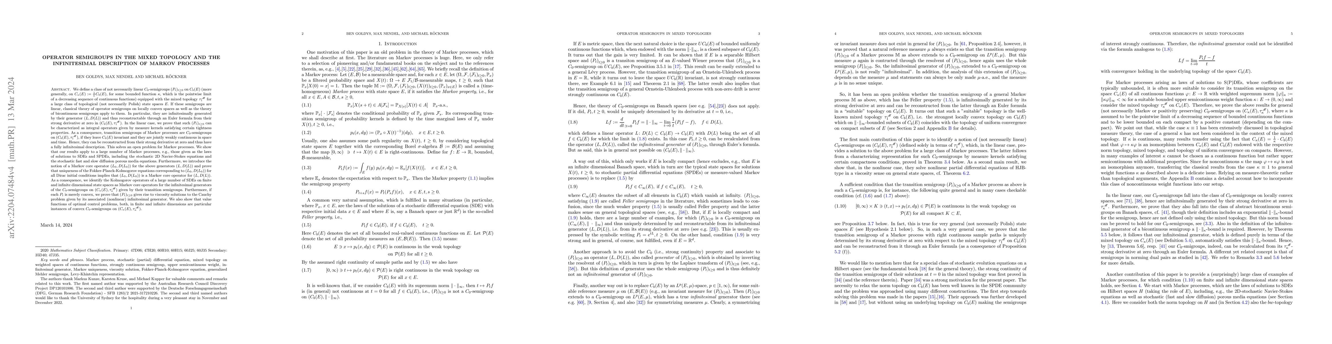 Thumbnail for Operator semigroups in the mixed topology and the infinitesimal
  description of Markov processes