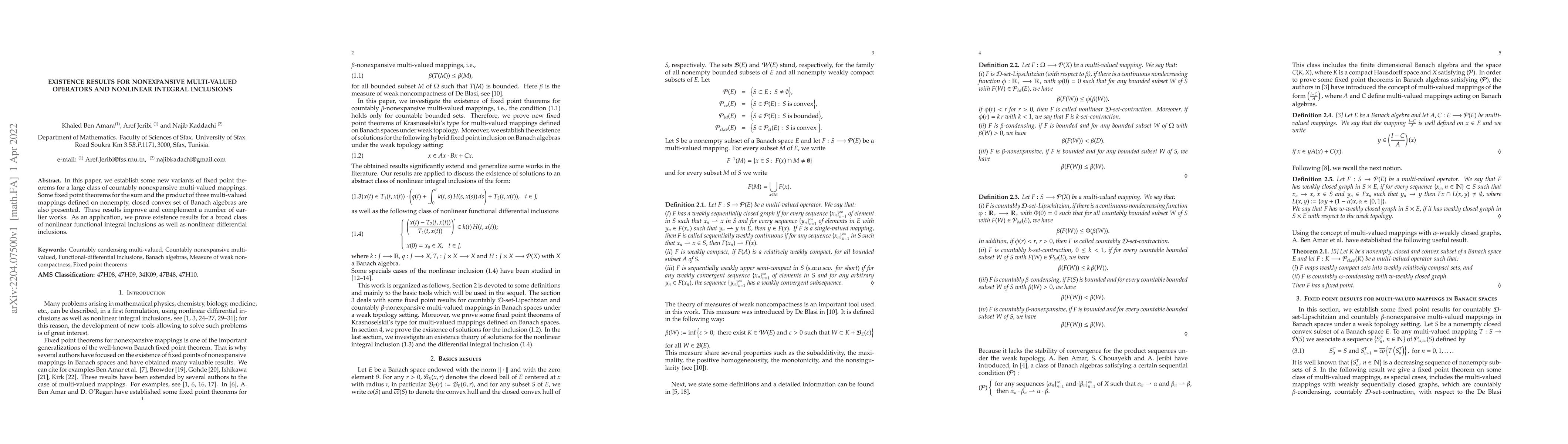 Thumbnail for Existence results for nonexpansive multi-valued operators and nonlinear
  integral inclusions