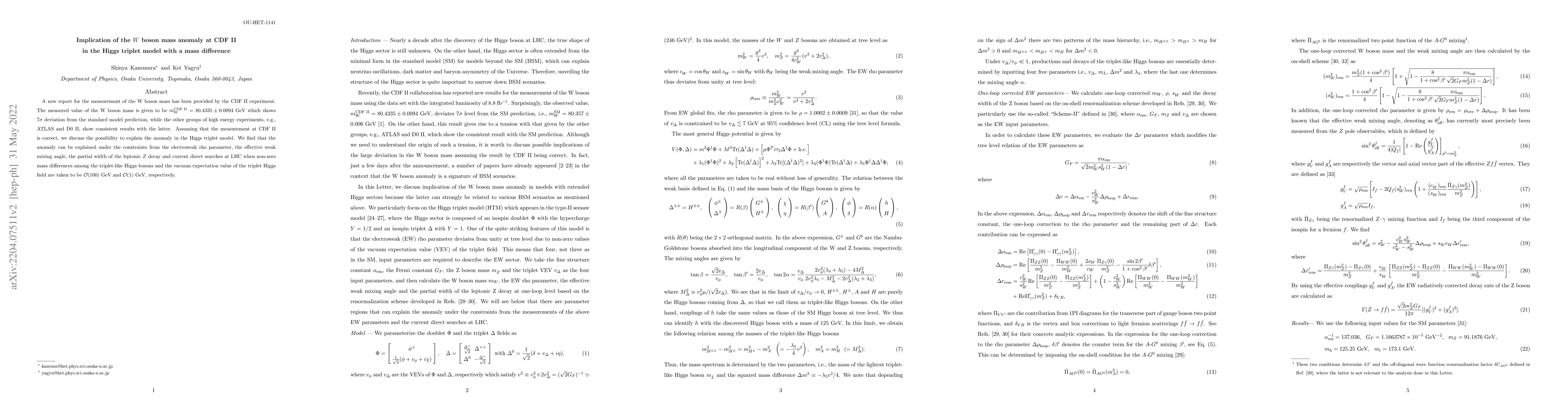 Thumbnail for Implication of the $W$ boson mass anomaly at CDF II in the Higgs triplet
  model with a mass difference