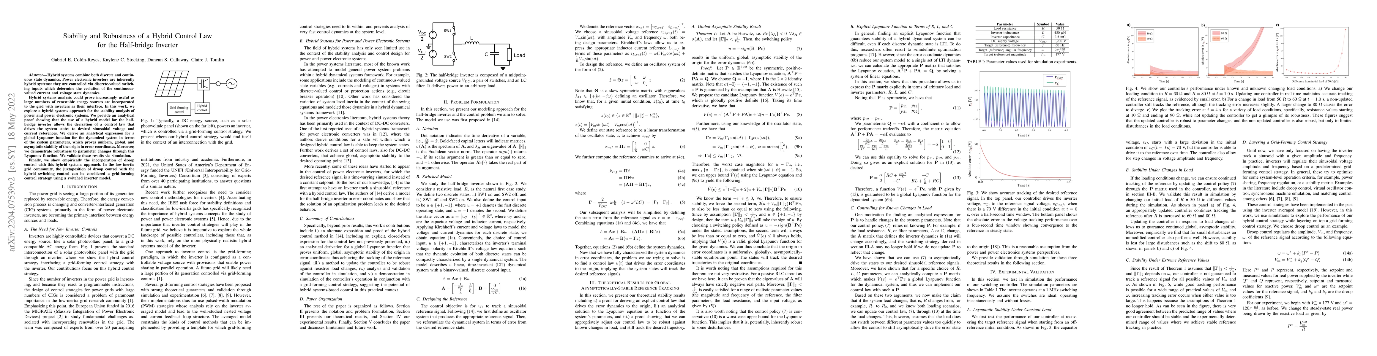 Thumbnail for Stability and Robustness of a Hybrid Control Law for the Half-bridge
  Inverter