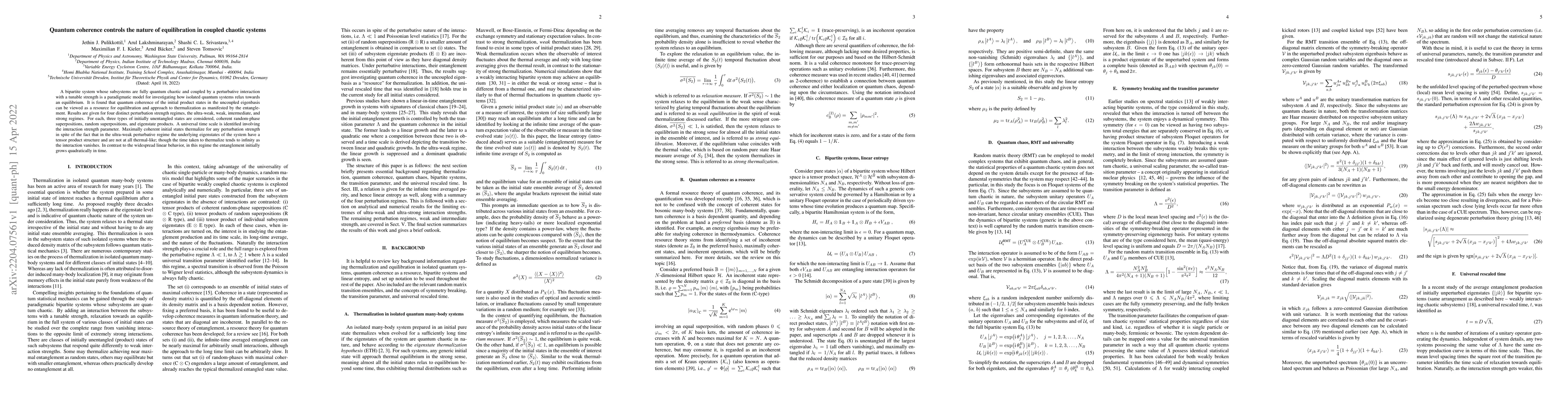 Thumbnail for Quantum coherence controls the nature of equilibration in coupled
  chaotic systems