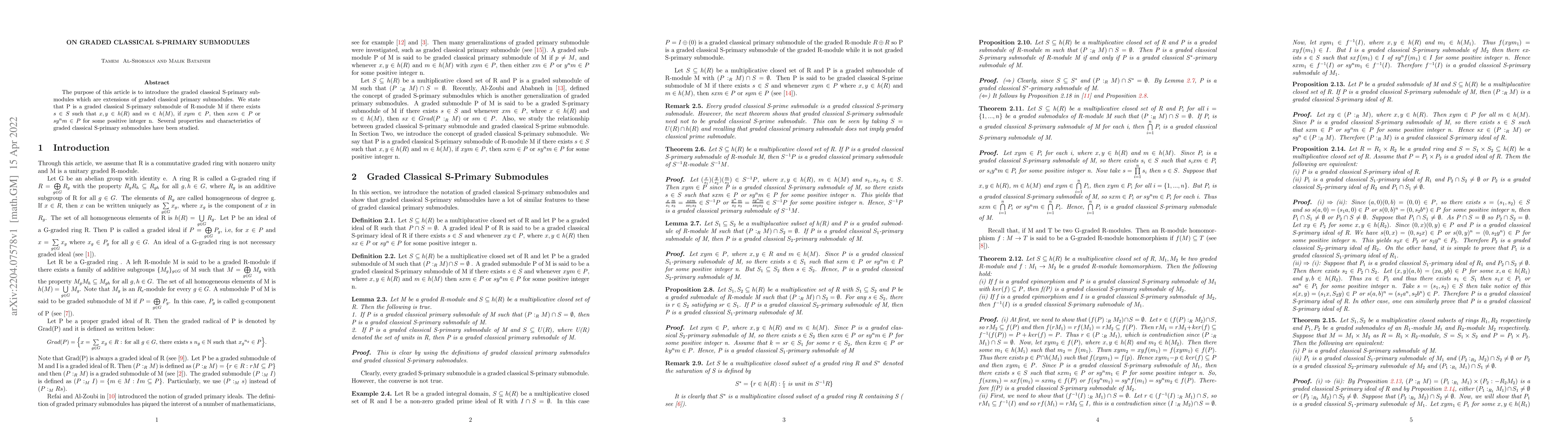Thumbnail for On Graded Classical S-Primary Submodules
