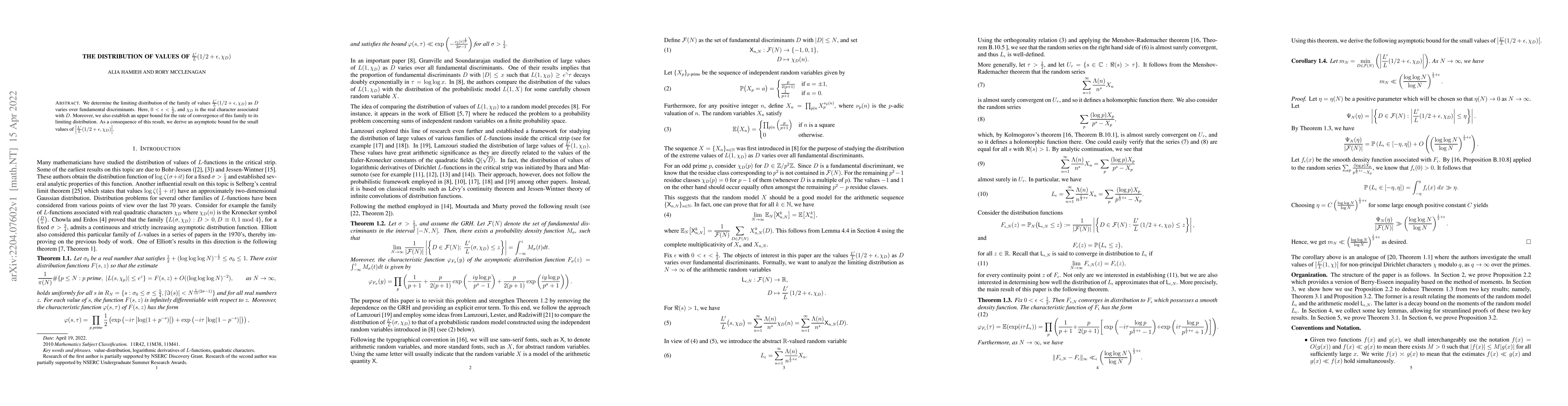 Thumbnail for The Distribution of Values of $\frac{L'}{L}(1/2+\epsilon,\chi_D)$