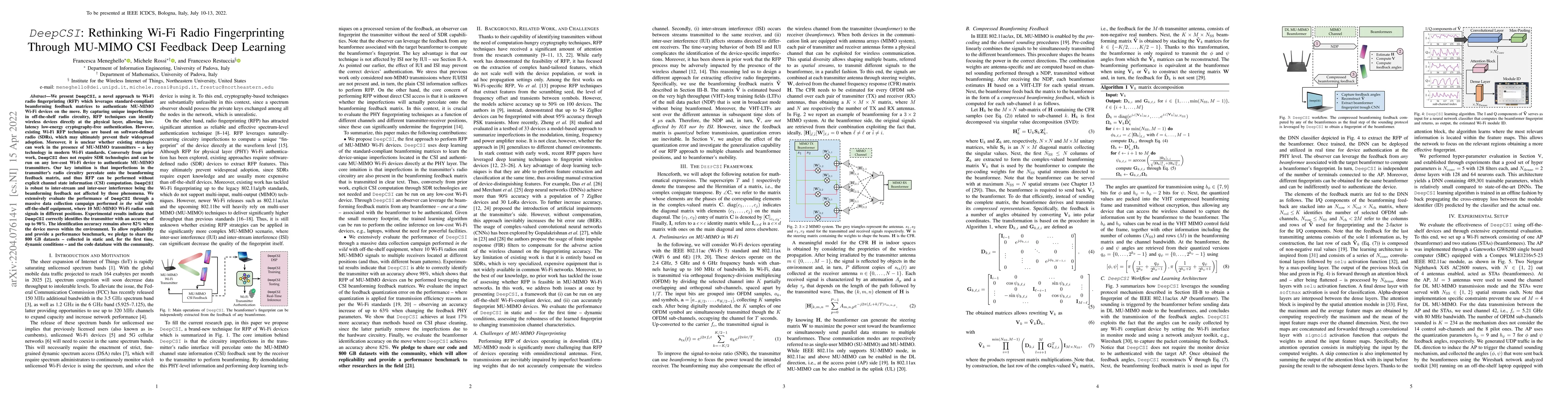 Thumbnail for DeepCSI: Rethinking Wi-Fi Radio Fingerprinting Through MU-MIMO CSI
  Feedback Deep Learning
