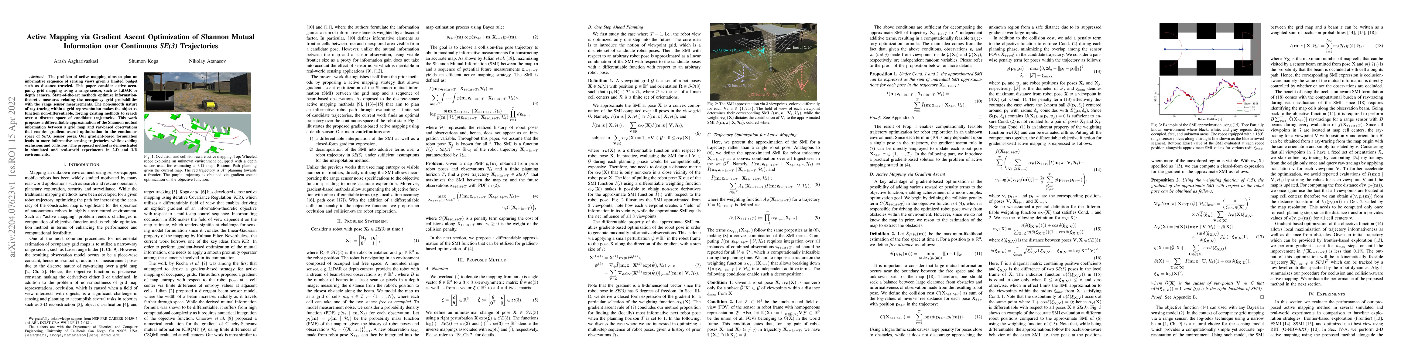 Thumbnail for Active Mapping via Gradient Ascent Optimization of Shannon Mutual
  Information over Continuous SE(3) Trajectories