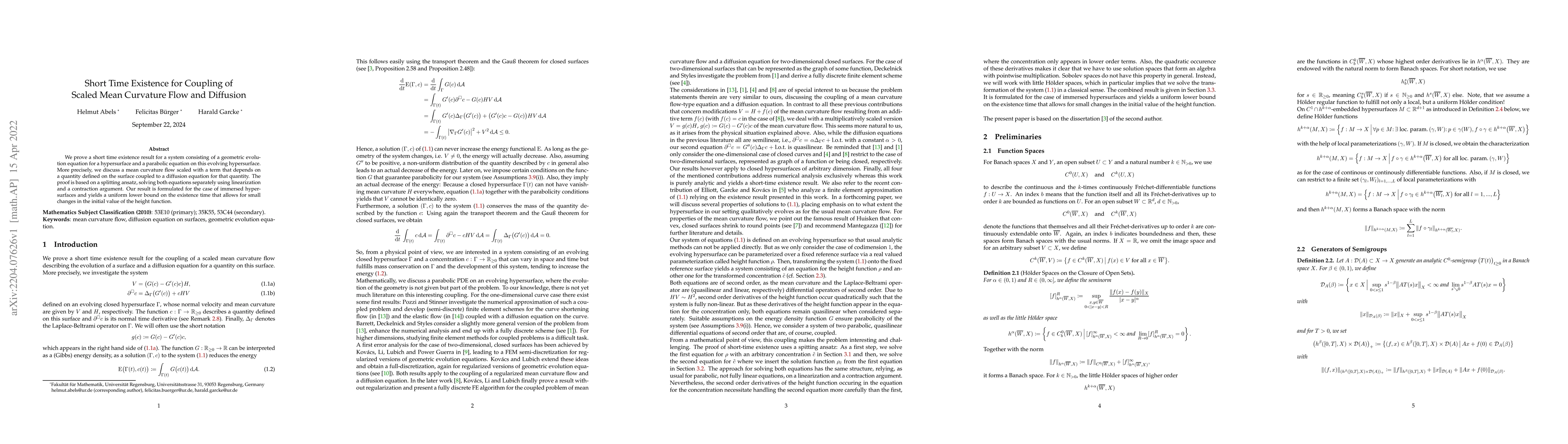 Thumbnail for Short Time Existence for Coupling of Scaled Mean Curvature Flow and
  Diffusion