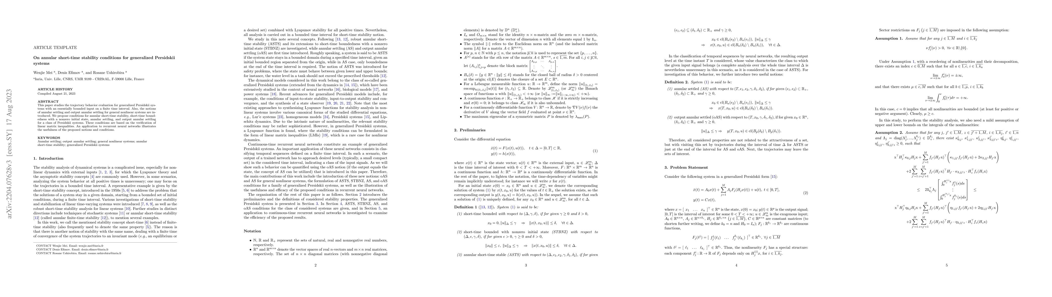 Thumbnail for On annular short-time stability conditions for generalized Persidskii
  systems