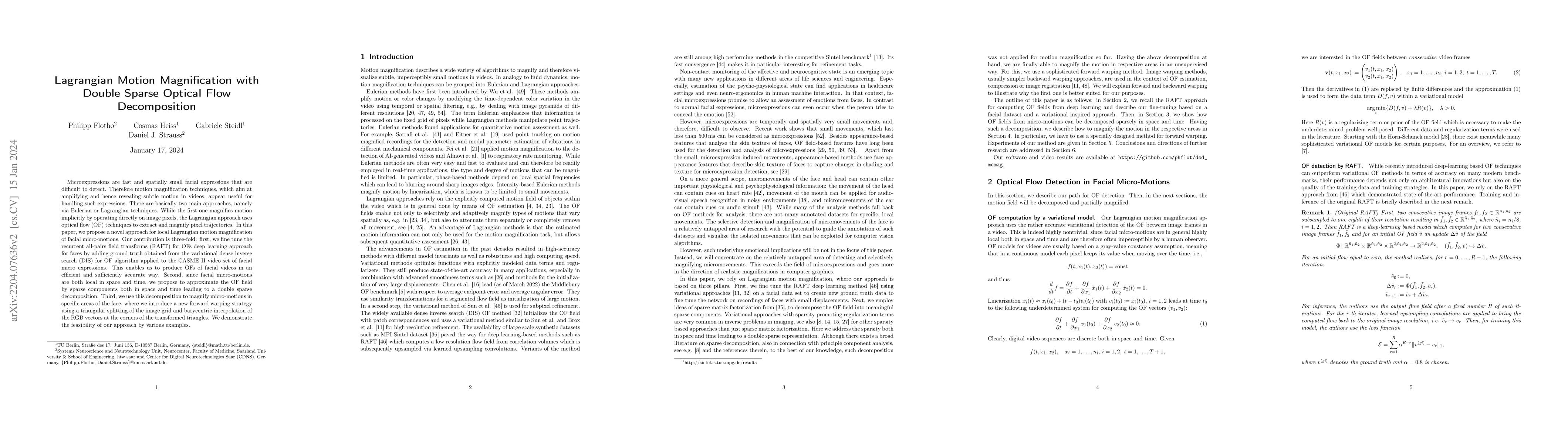 Thumbnail for Lagrangian Motion Magnification with Double Sparse Optical Flow
  Decomposition