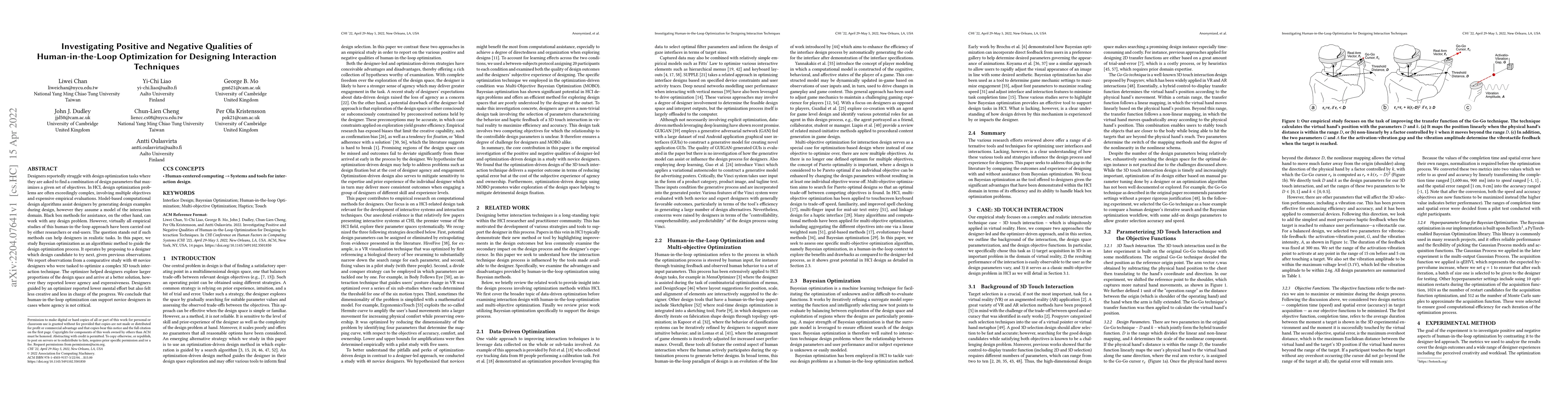 Thumbnail for Investigating Positive and Negative Qualities of Human-in-the-Loop
  Optimization for Designing Interaction Techniques