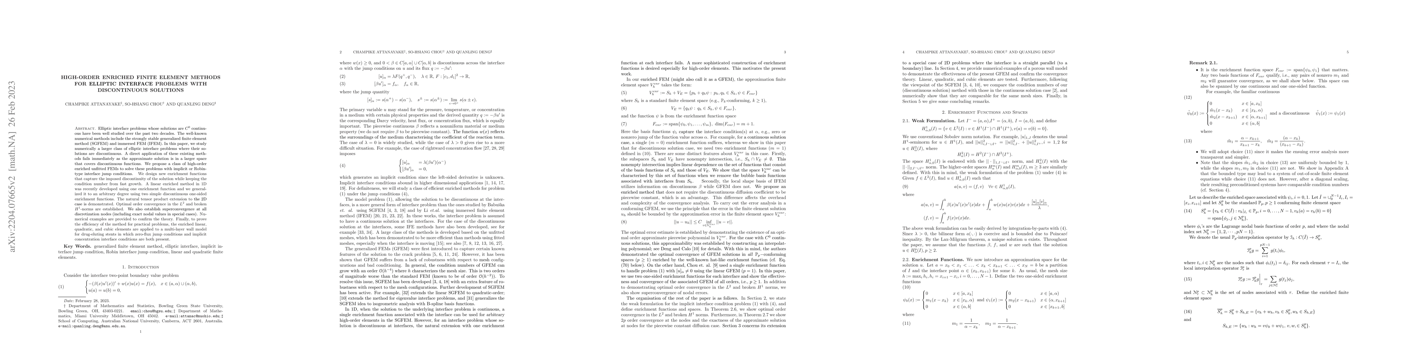 Thumbnail for High-Order Enriched Finite Element Methods for Elliptic Interface
  Problems with Discontinuous Solutions