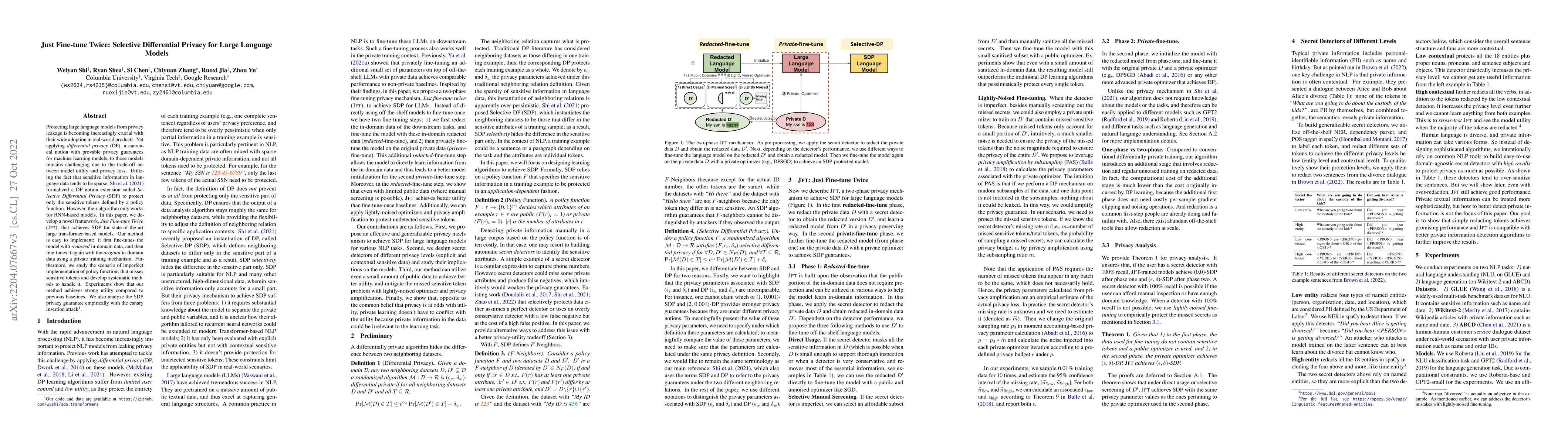 Thumbnail for Just Fine-tune Twice: Selective Differential Privacy for Large Language
  Models