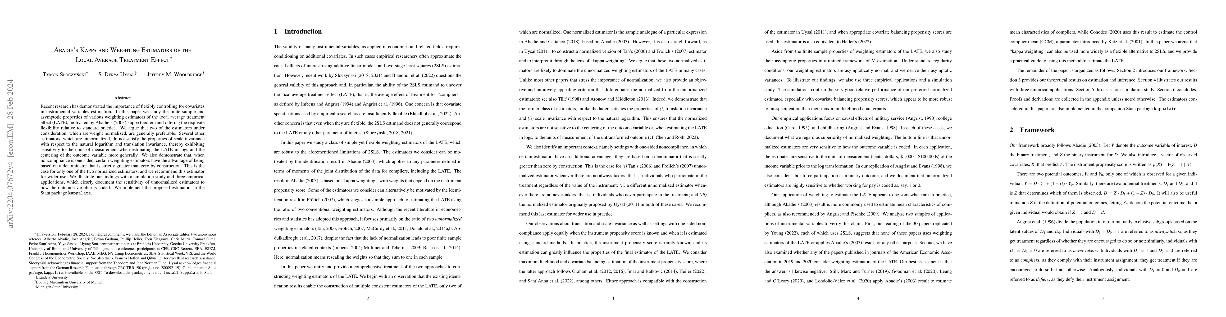 Thumbnail for Abadie's Kappa and Weighting Estimators of the Local Average Treatment
  Effect