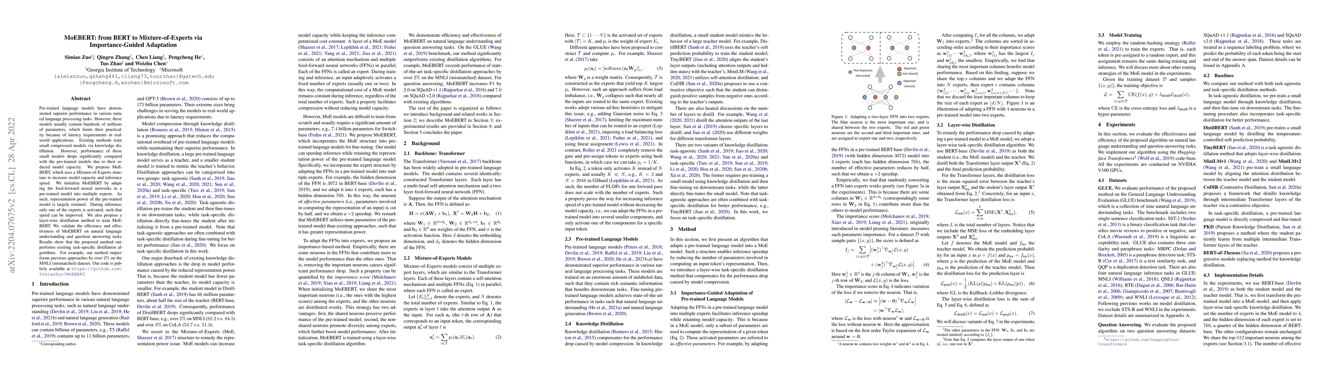 Thumbnail for MoEBERT: from BERT to Mixture-of-Experts via Importance-Guided
  Adaptation
