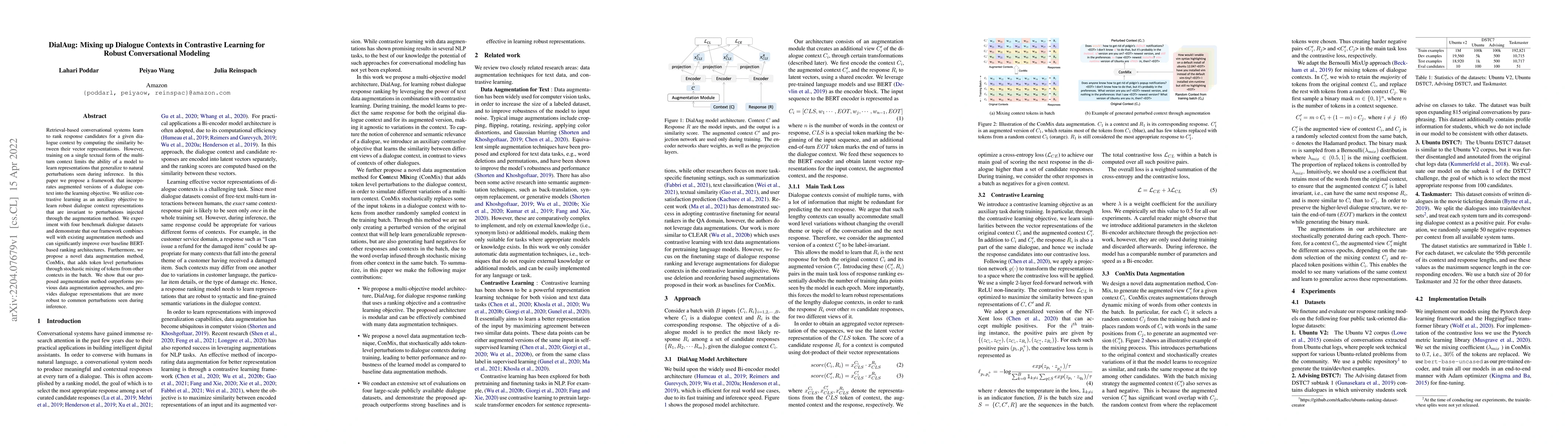 Thumbnail for DialAug: Mixing up Dialogue Contexts in Contrastive Learning for Robust
  Conversational Modeling