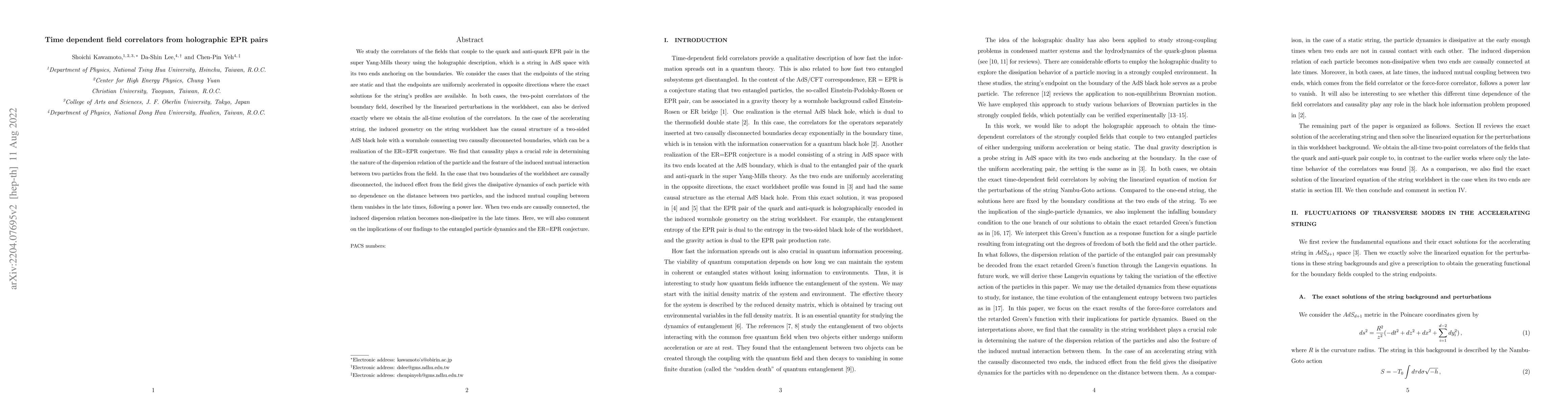 Thumbnail for Time dependent field correlators from holographic EPR pairs