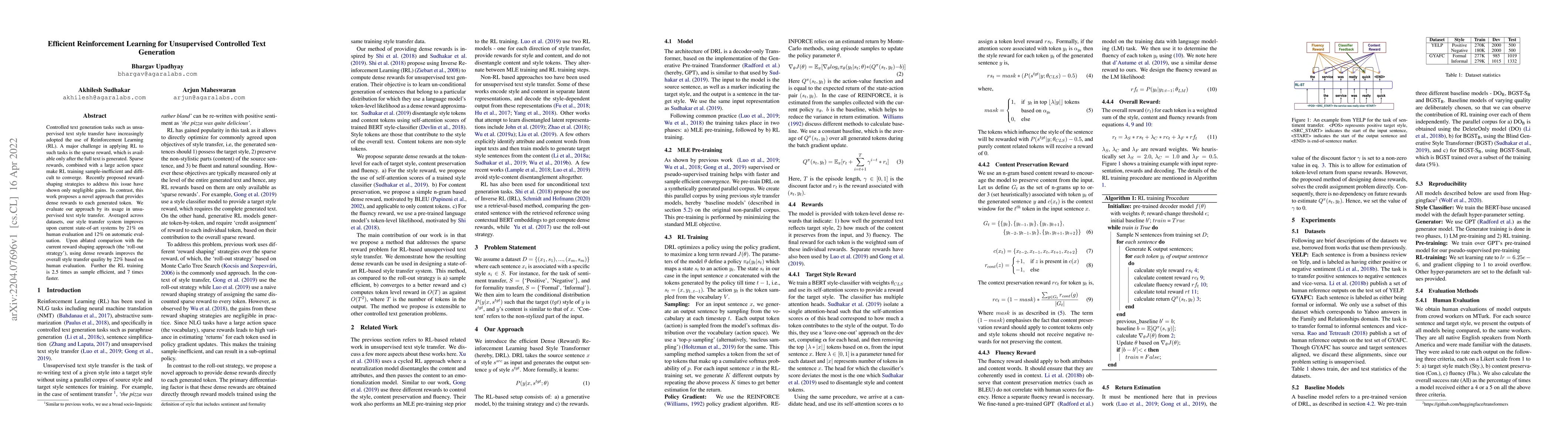 Thumbnail for Efficient Reinforcement Learning for Unsupervised Controlled Text
  Generation