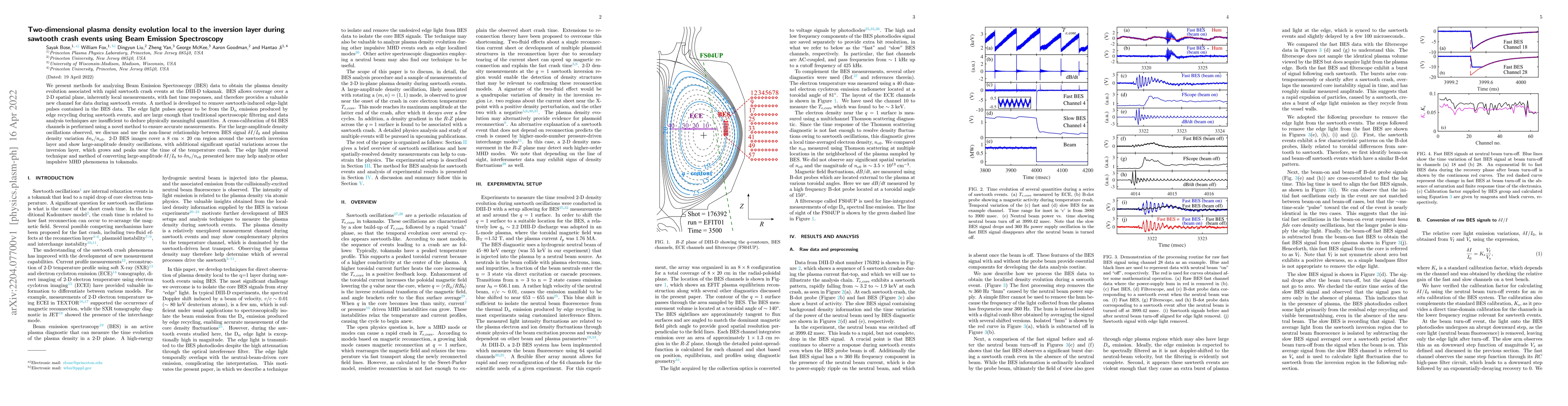 Thumbnail for Two-dimensional plasma density evolution local to the inversion layer
  during sawtooth crash events using Beam Emission Spectroscopy