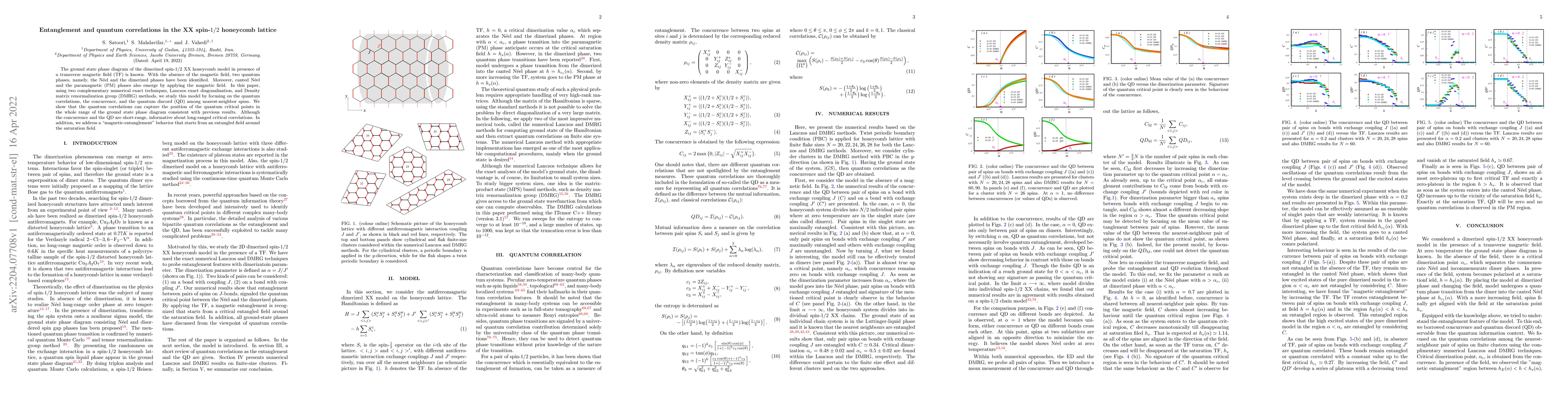 Thumbnail for Entanglement and quantum correlations in the XX spin-$1/2$ honeycomb
  lattice