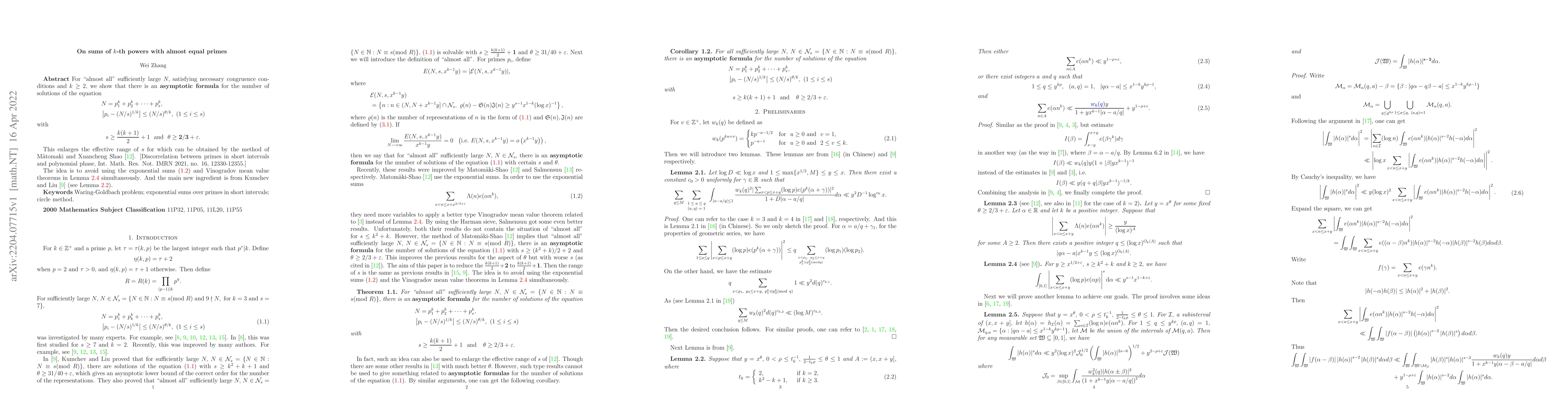 Thumbnail for On sums of $k$-th powers with almost equal primes