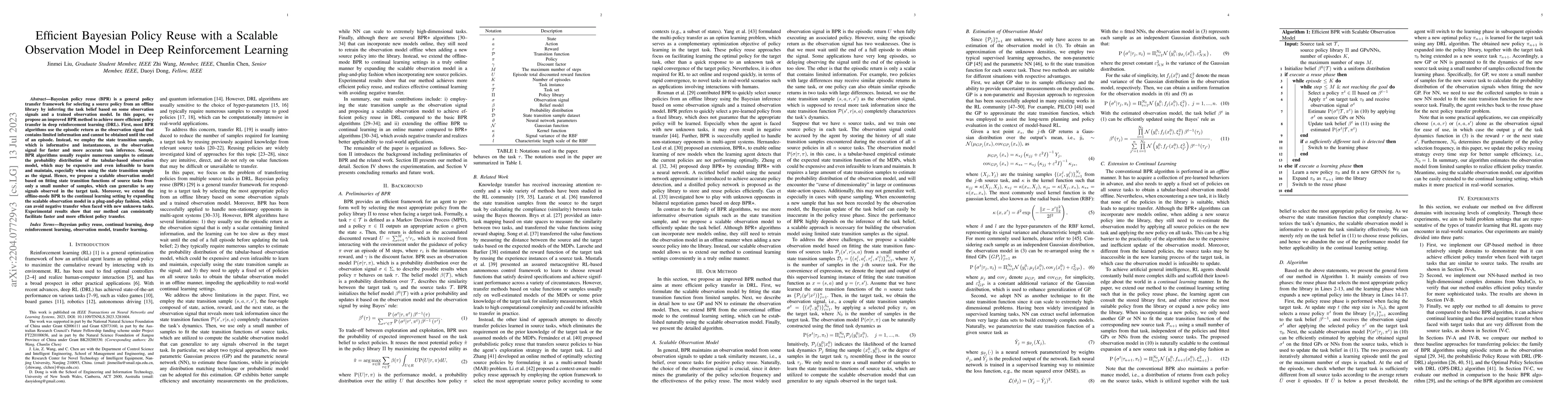 Thumbnail for Efficient Bayesian Policy Reuse with a Scalable Observation Model in
  Deep Reinforcement Learning