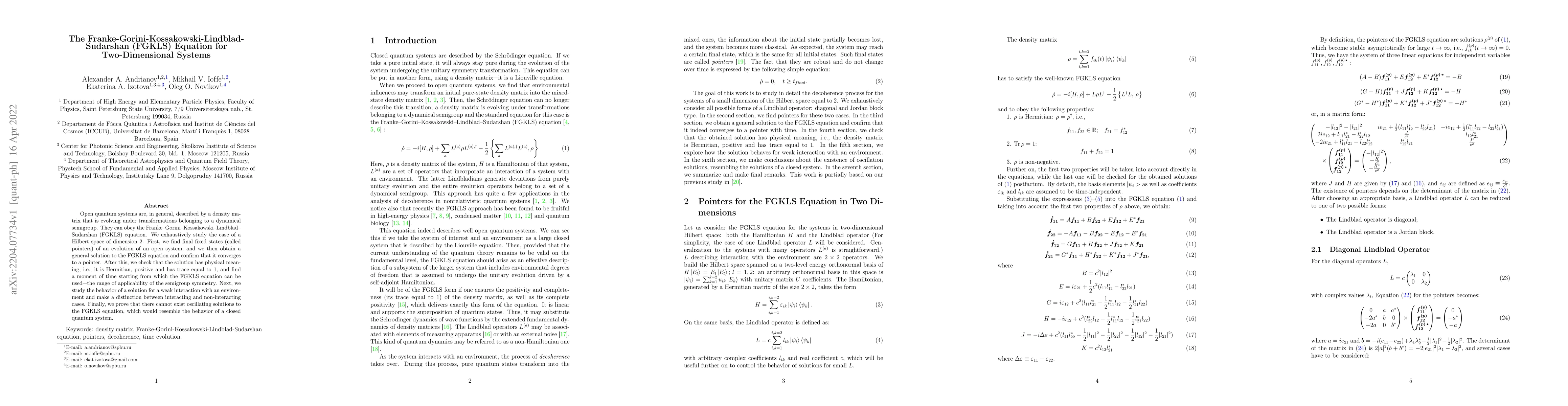 Thumbnail for The Franke-Gorini-Kossakowski-Lindblad-Sudarshan (FGKLS) Equation for
  Two-Dimensional Systems
