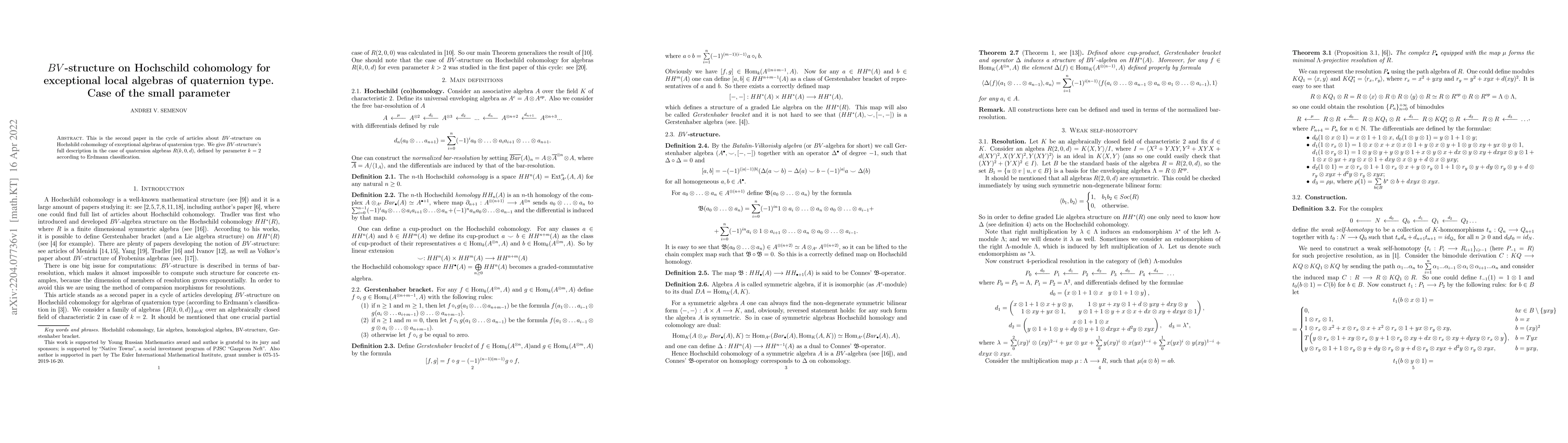 Thumbnail for $BV$-structure on Hochschild cohomology for exceptional local algebras
  of quaternion type. Case of the small parameter