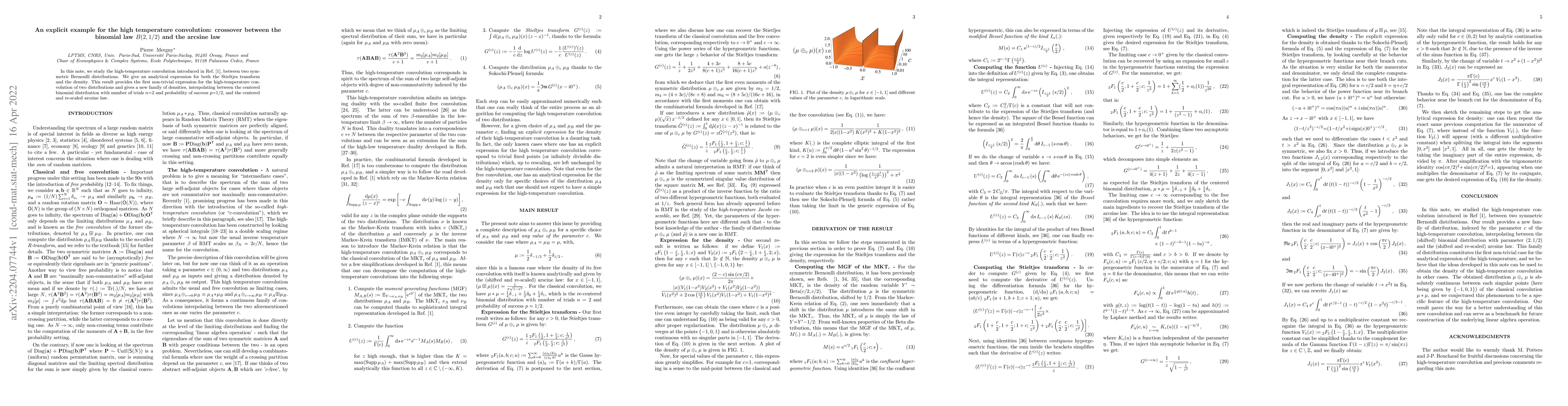 Thumbnail for An explicit example for the high temperature convolution: crossover
  between the binomial law $B(2,1/2)$ and the arcsine law