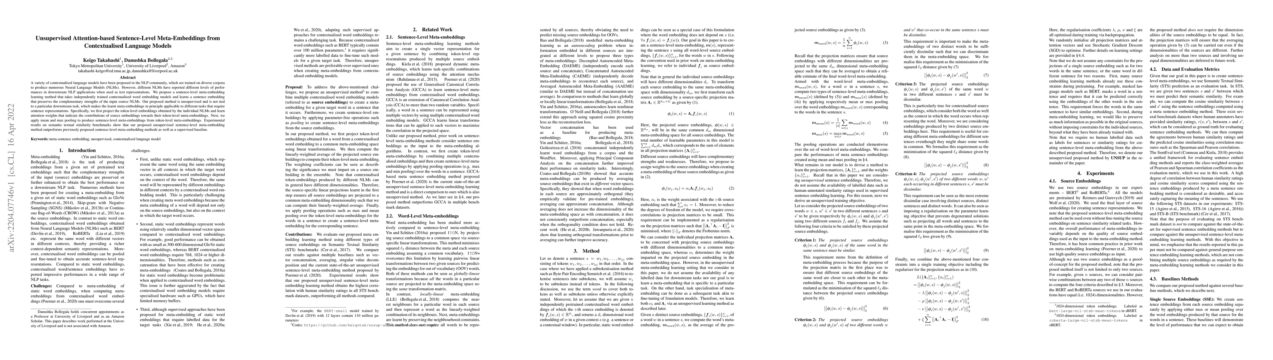 Thumbnail for Unsupervised Attention-based Sentence-Level Meta-Embeddings from
  Contextualised Language Models