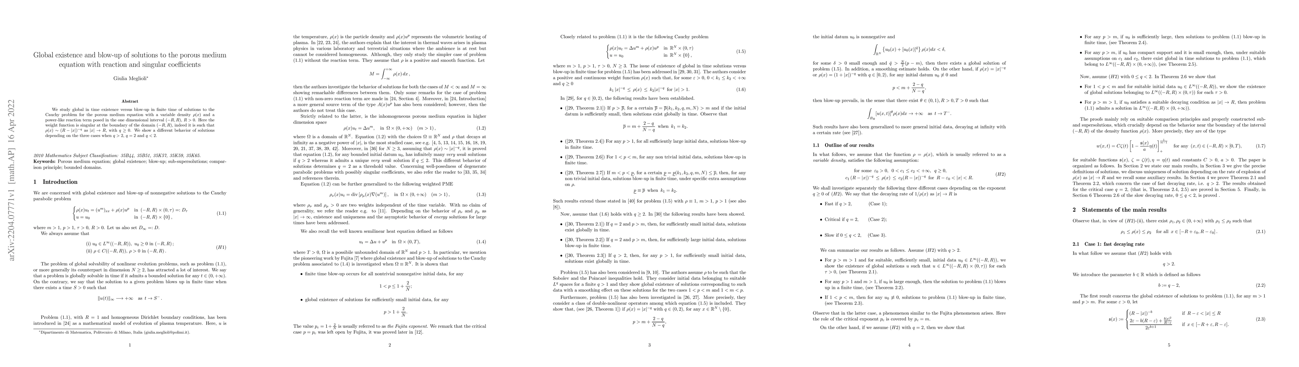 Thumbnail for Global existence and blow-up of solutions to the porous medium equation
  with reaction and singular coefficients