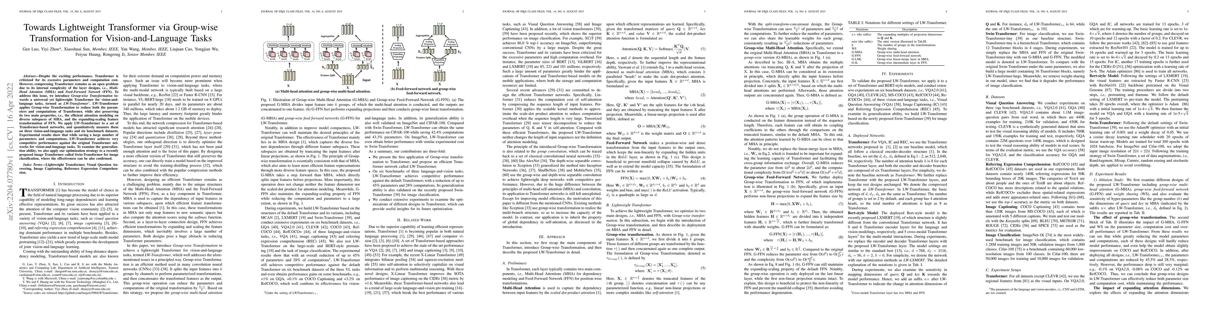 Thumbnail for Towards Lightweight Transformer via Group-wise Transformation for
  Vision-and-Language Tasks