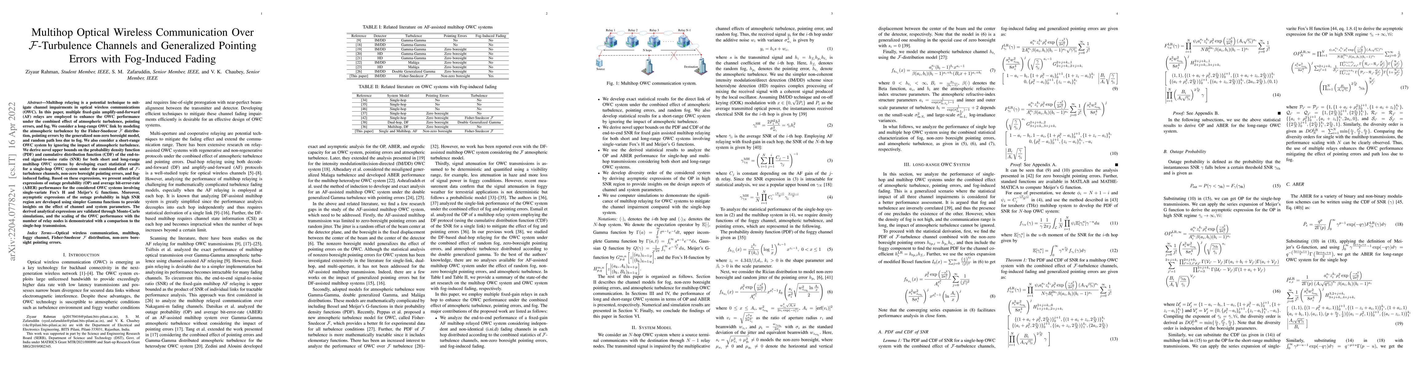 Thumbnail for Multihop Optical Wireless Communication Over ${\cal{F}}$-Turbulence
  Channels and Generalized Pointing Errors with Fog-Induced Fading