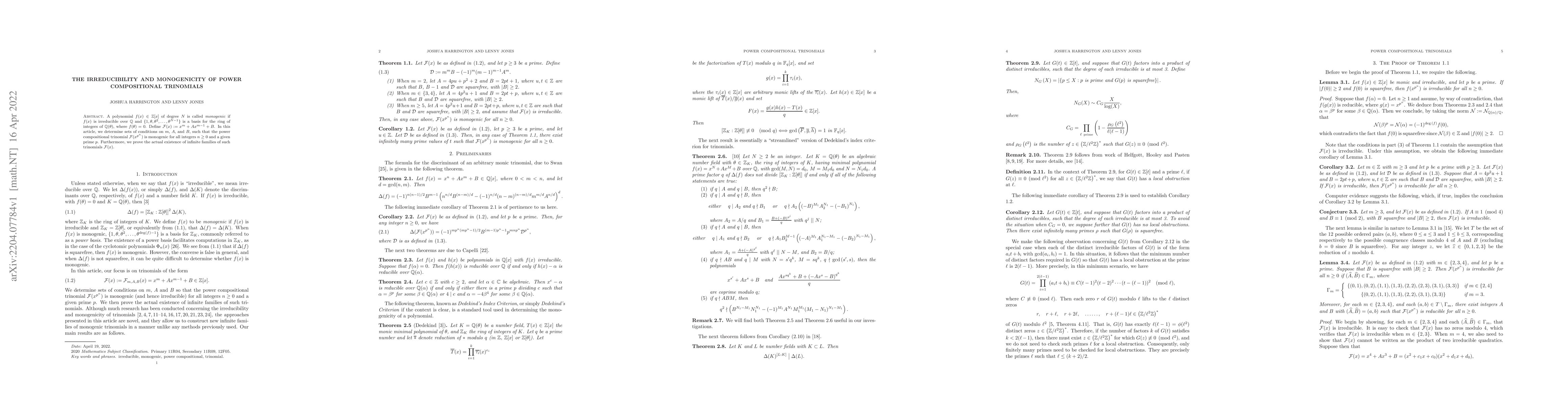 Thumbnail for The Irreducibility and Monogenicity of Power-Compositional Trinomials