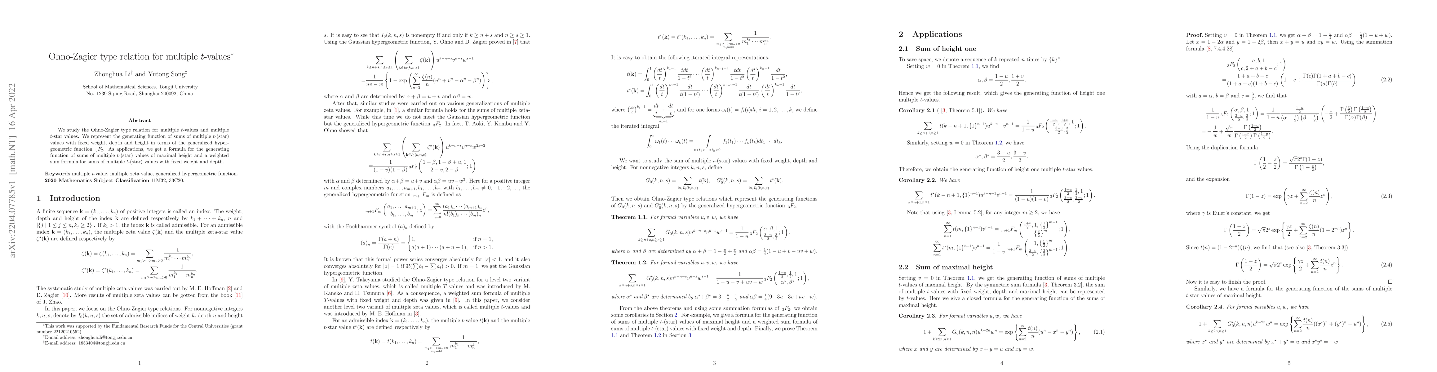 Thumbnail for Ohno-Zagier type relation for multiple $t$-values