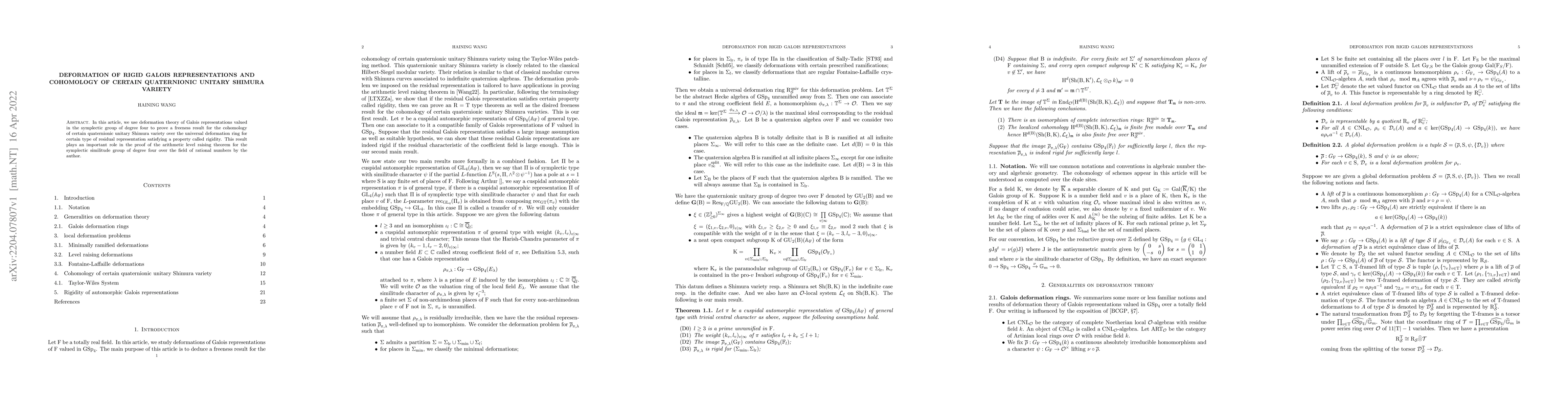 Thumbnail for Deformation of rigid Galois representations and cohomology of certain
  quaternionic unitary Shimura variety