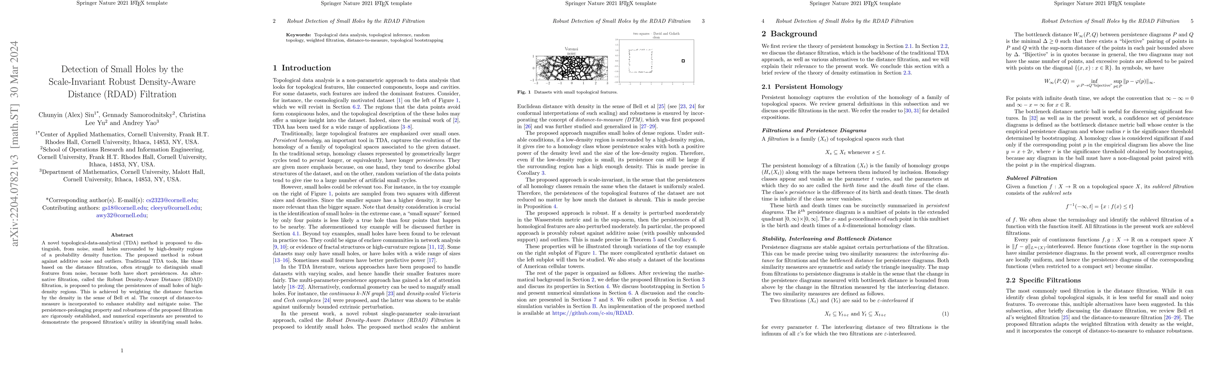 Thumbnail for Detection of Small Holes by the Scale-Invariant Robust Density-Aware
  Distance (RDAD) Filtration