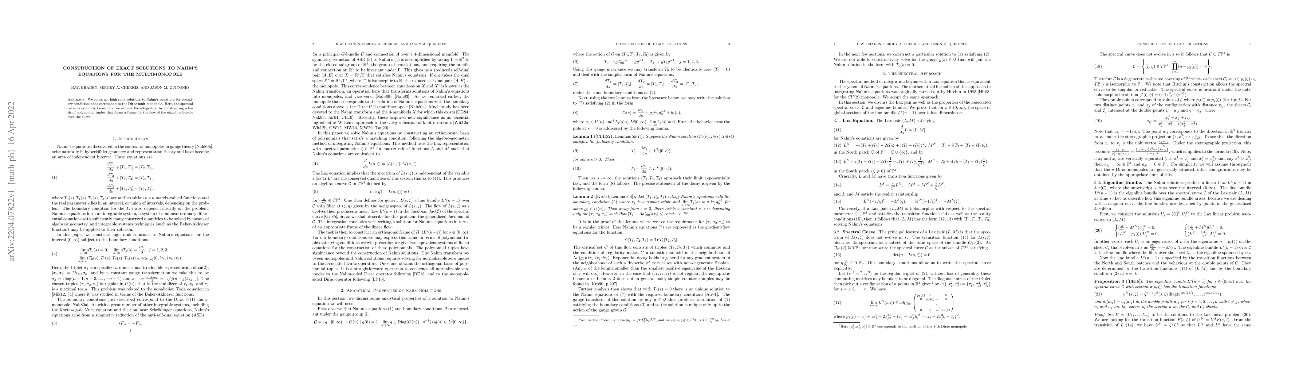 Thumbnail for Construction of Exact Solutions to Nahm's Equations for the
  Multimonopole