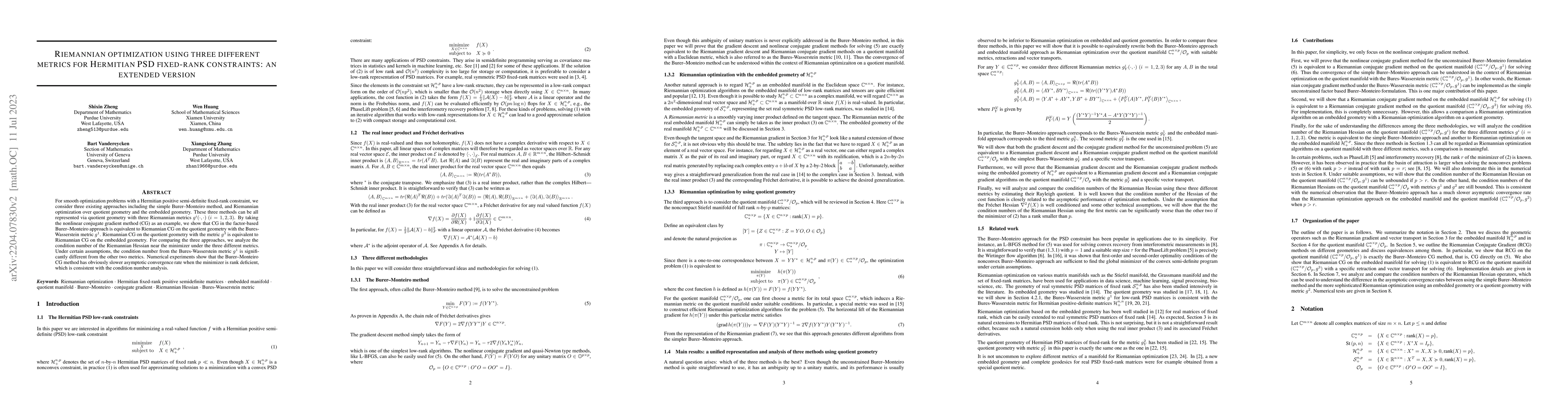 Thumbnail for Riemannian optimization using three different metrics for Hermitian PSD
  fixed-rank constraints: an extended version