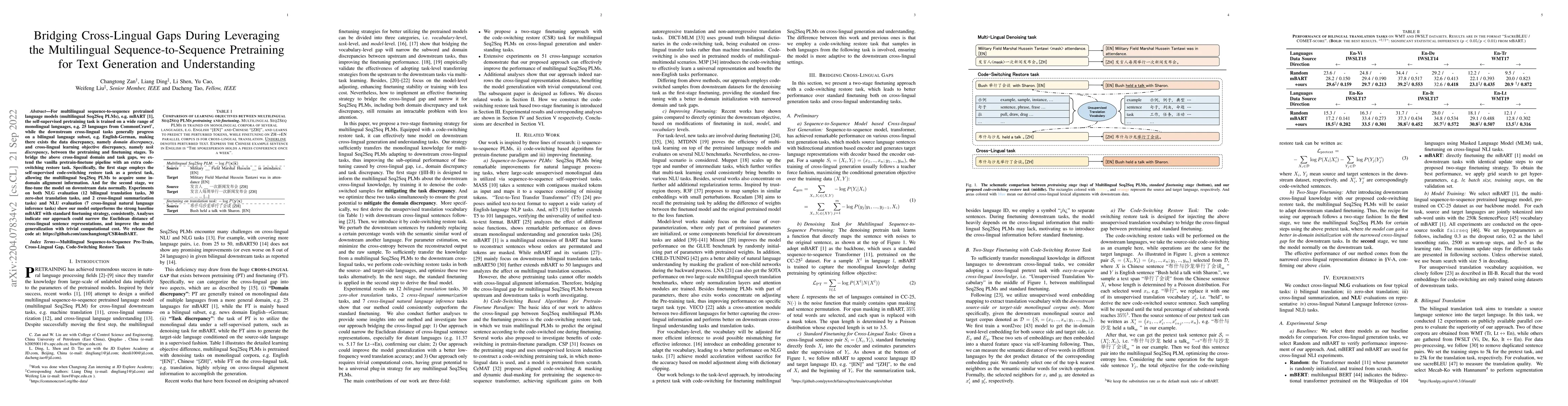 Thumbnail for Bridging Cross-Lingual Gaps During Leveraging the Multilingual
  Sequence-to-Sequence Pretraining for Text Generation and Understanding