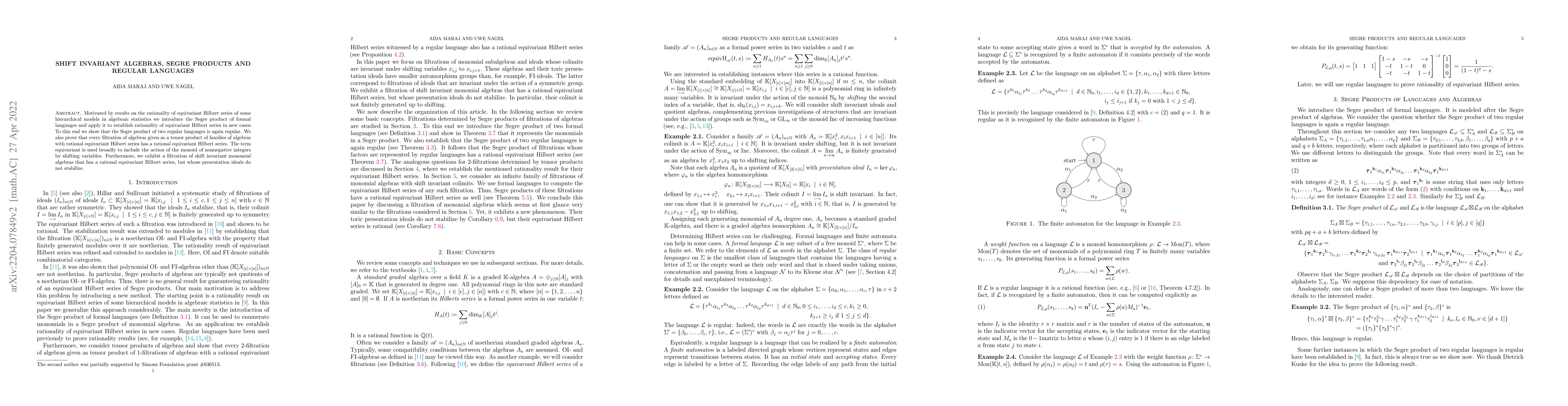 Thumbnail for Shift Invariant Algebras, Segre Products and Regular Languages