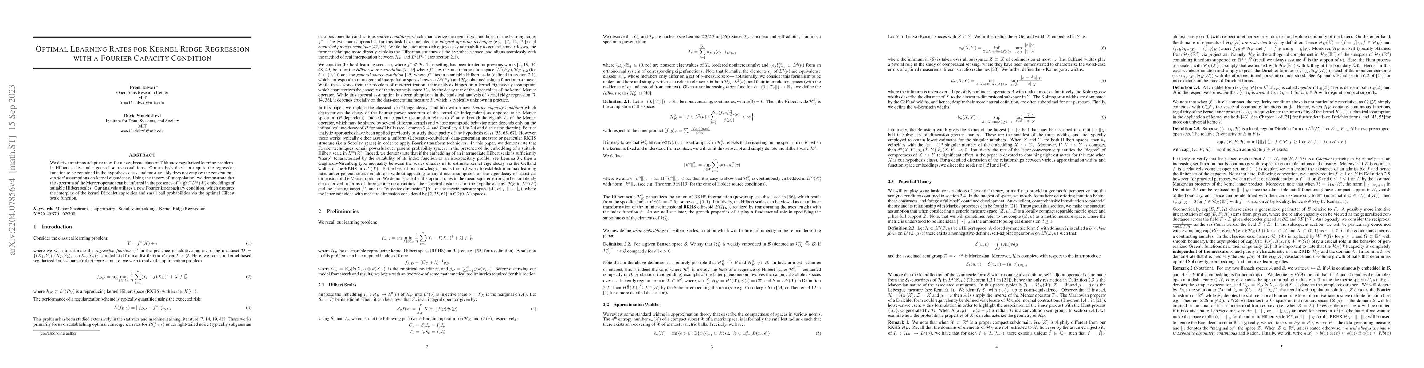 Thumbnail for Optimal Learning Rates for Regularized Least-Squares with a Fourier
  Capacity Condition