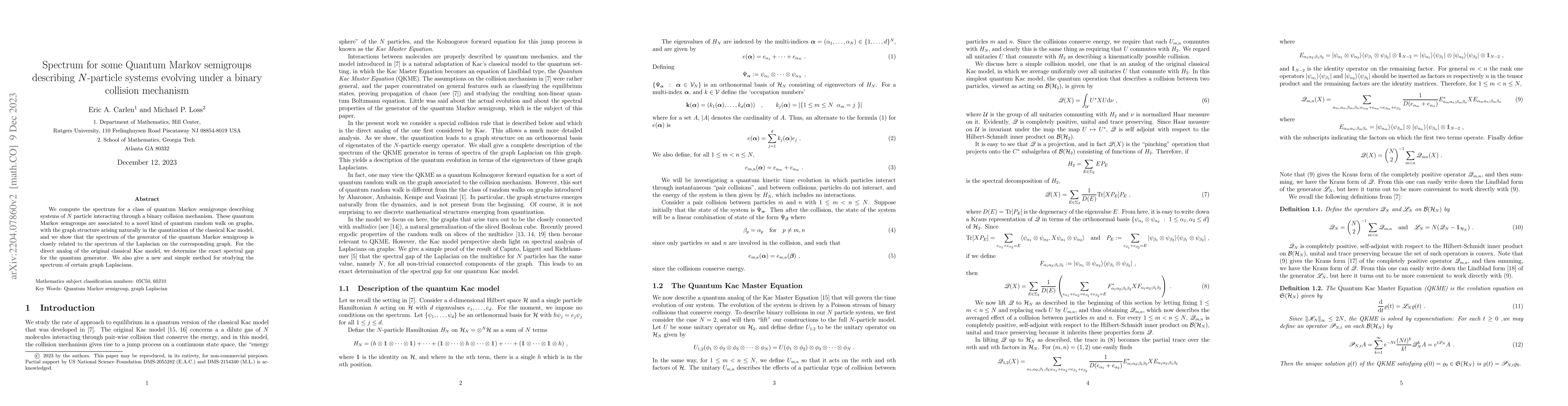 Thumbnail for Spectrum for some Quantum Markov semigroups describing $N$-particle
  systems evolving under a binary collision mechanism
