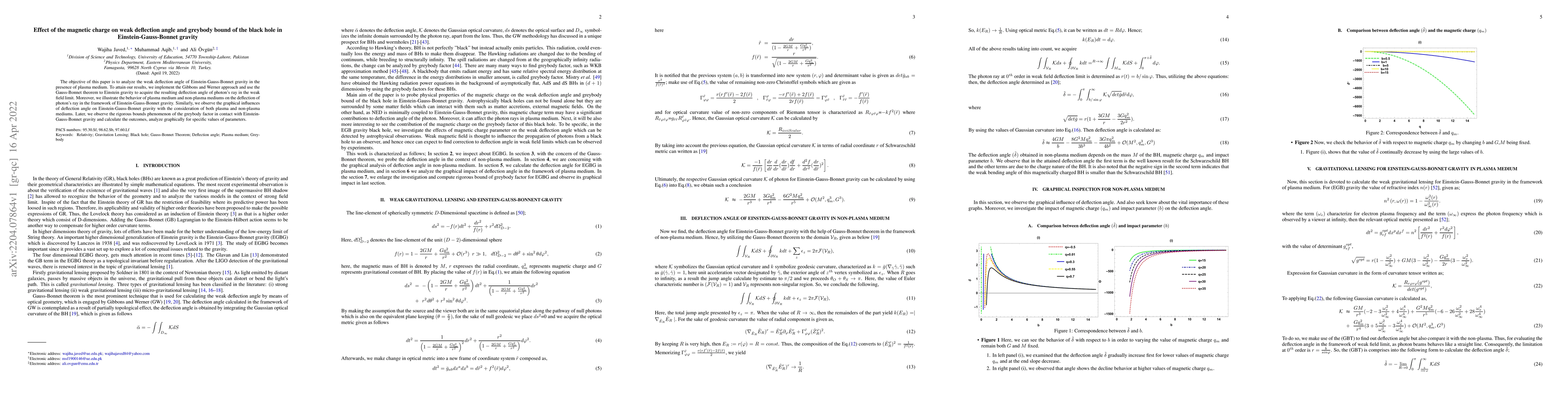 Thumbnail for Effect of the magnetic charge on weak deflection angle and greybody
  bound of the black hole in Einstein-Gauss-Bonnet gravity